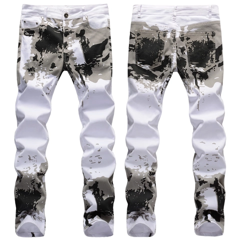 Jean en Denim Blanc pour Hommes Coupe Slim Imprimé Camouflage Éclaboussure Extensible Taille Moyenne Jambe Droite Étroite Pantalon