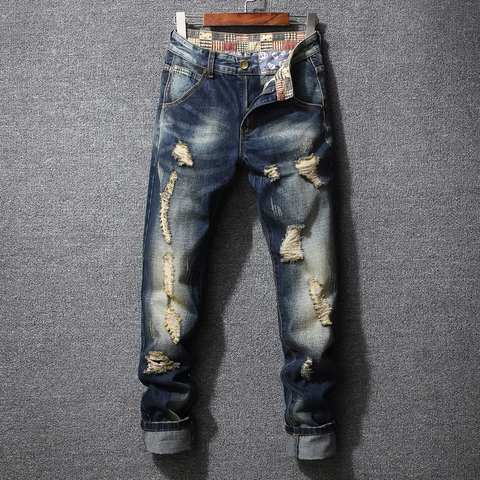 Men Ripped Jeans Slim Fit Distressed Washed Denim Pants Vintage Streetwear Small Straight Leg Casual Fashion Heavyweight Trousers