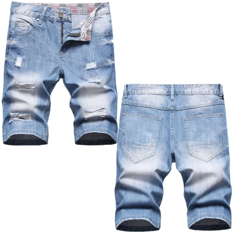 Pantaloncini Jeans Strappati da Uomo Blu Chiaro Effetto Usato Lavato Streetwear Casual Misto Cotone Vita Media Zip Jeans