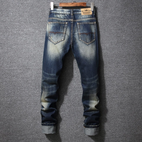 Men Ripped Jeans Slim Fit Distressed Washed Denim Pants Vintage Streetwear Small Straight Leg Casual Fashion Heavyweight Trousers