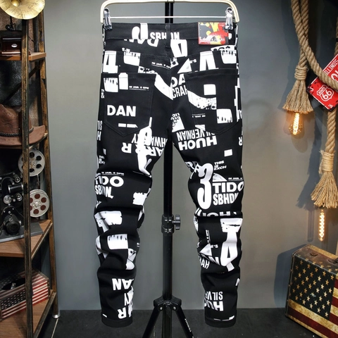 Men's Streetwear Graffiti Letter Printed Slim Fit Denim Jeans Fashion Casual Black Washed Cotton Trousers For Men Urban Hip Hop Style