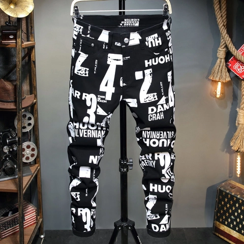 Men's Streetwear Graffiti Letter Printed Slim Fit Denim Jeans Fashion Casual Black Washed Cotton Trousers For Men Urban Hip Hop Style
