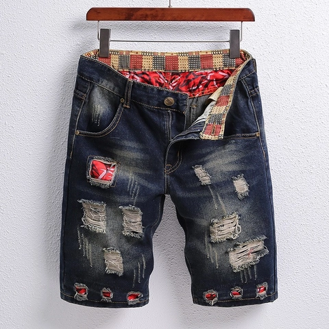 Short en Jean Rétro pour Hommes Délavé avec Patchwork Déchiré Jeans Streetwear Taille Moyenne Coton Short Denim
