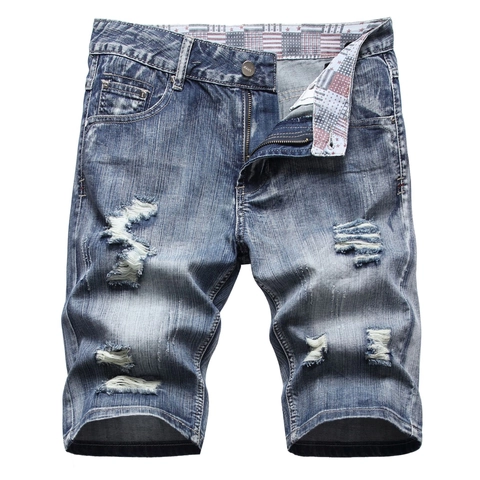 Men's Summer Thin Distressed Denim Shorts Ripped Mid-Length Jeans Korean Trendy Loose Straight Fit Printed Casual Shorts