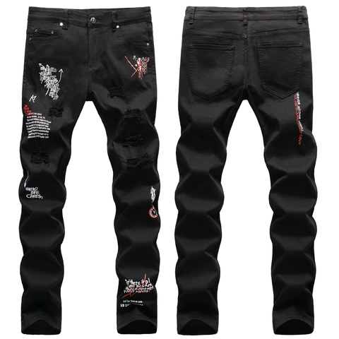 Ανδρικά High Street Distressed Graffiti Τζιν Κέντημα Γράμματα Slim Straight Denim Παντελόνια Hip Hop Streetwear Μαύρο Λευκό Πλυμένο