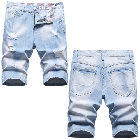 Herren Distressed Denim Shorts Hellblau Zerrissene Jeans Shorts Sommer Casual Bedrucktes Futter Gerades Bein Baumwolle Denim Hosen