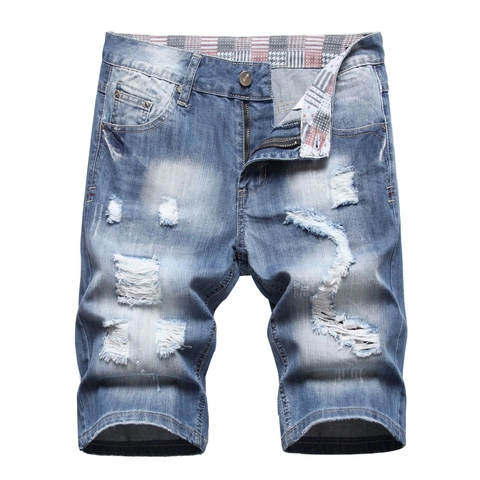 Herren Distressed Denim Shorts Hellblau Steingewaschen Baumwollmischung Straight Fit Streetwear Sommer Halblange Shorts