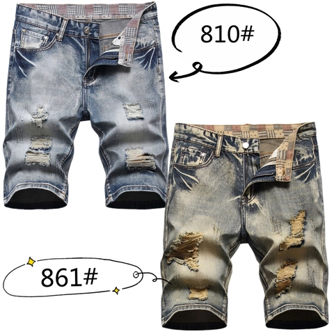High Street Ripped Denim Shorts Cotton Distressed Five Point Jean Shorts Vintage Streetwear For Men Summer Casual Bottoms