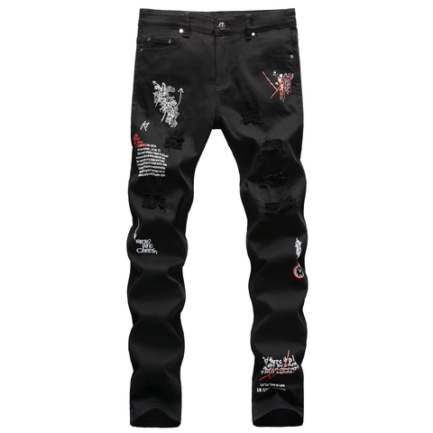 Ανδρικά High Street Distressed Graffiti Τζιν Κέντημα Γράμματα Slim Straight Denim Παντελόνια Hip Hop Streetwear Μαύρο Λευκό Πλυμένο