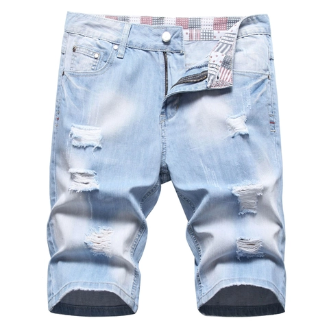Herren Distressed Denim Shorts Hellblau Zerrissene Jeans Shorts Sommer Casual Bedrucktes Futter Gerades Bein Baumwolle Denim Hosen