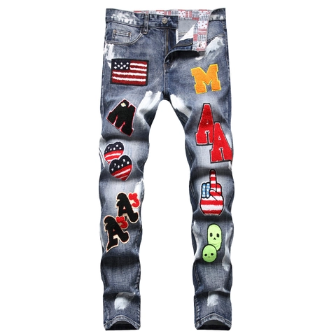 Herren Streetwear Washed Blue Denim Jeans Mit Patchwork Stickerei Und Handbemaltem Detail Distressed Straight Fit Hose