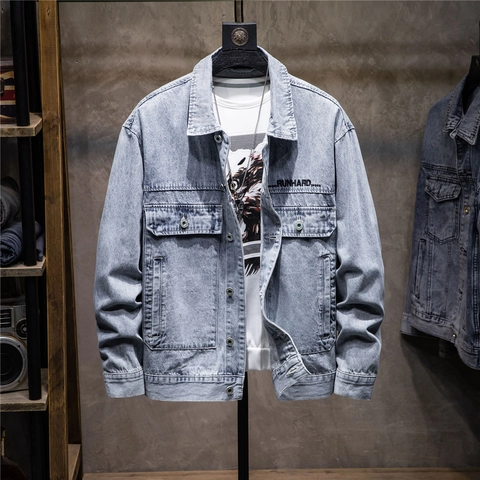 Chaqueta Vaquera Vintage para Hombre Streetwear Abrigo de Algodón Con Impresión de Letras RUNHARD Para Uso Diario