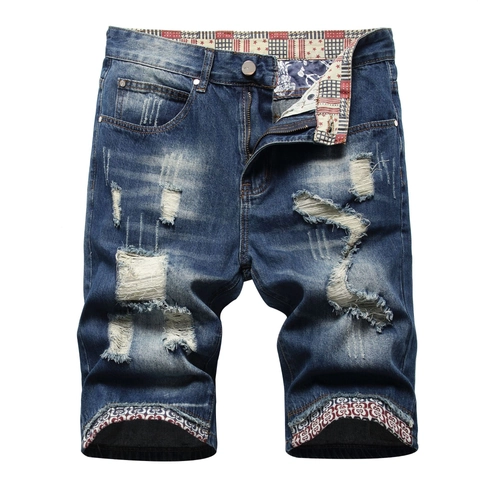 Short en Jean Déchiré pour Hommes en Mélange de Coton Distressed Cat Whiskers Vintage Streetwear Doublure Drapeau Multi Poches