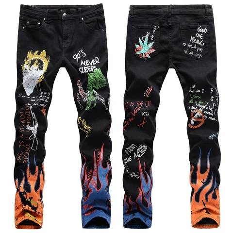 Jeans en Denim Noir pour Hommes Graffiti Crâne Flamme Imprimé Streetwear Coupe Slim Stretch Pantalon Vintage Hip Hop Style
