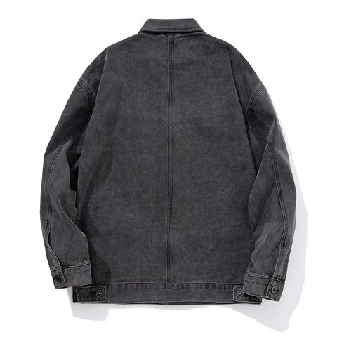 Veste en Jean en Coton pour Homme Vintage Délavé Manches Longues Col à Revers Workwear Manteau Broderie Casual Loose Outerwear