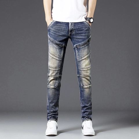 Herren Retro Biker Jeans Slim Fit Stretch Baumwolle Denim Hose Mit Reißverschluss Dekor Motorrad Hose Für Männer
