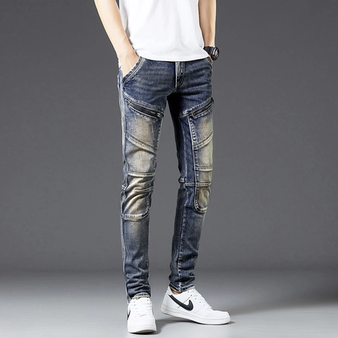 Herren Retro Biker Jeans Slim Fit Stretch Baumwolle Denim Hose Mit Reißverschluss Dekor Motorrad Hose Für Männer