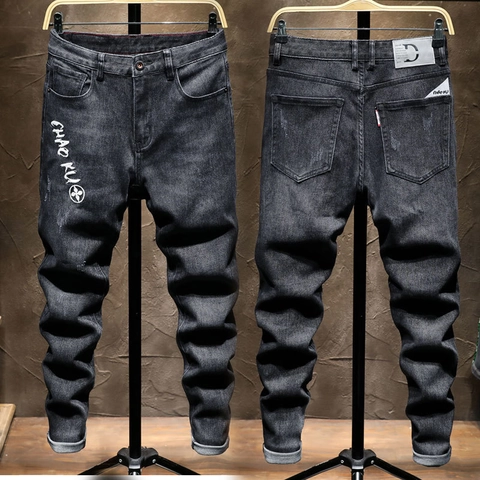 Herren Slim Fit Bestickte Denim Jeans Verwaschene Distressed Stretch Hose Koreanische Mode Streetwear Schwarz Grau Denim