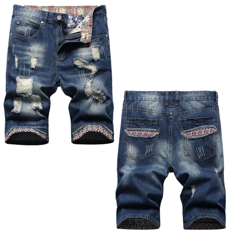 Short en Jean Déchiré pour Hommes en Mélange de Coton Distressed Cat Whiskers Vintage Streetwear Doublure Drapeau Multi Poches