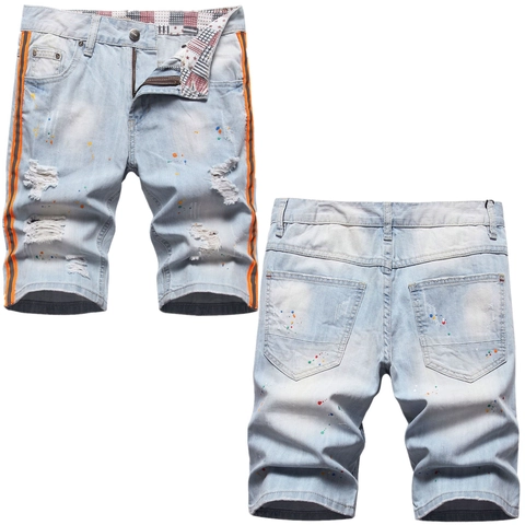 Men Light Blue Ripped Straight Leg Denim Shorts Hand Painted Splatter Streetwear Distressed Cotton Spandex Jean Shorts