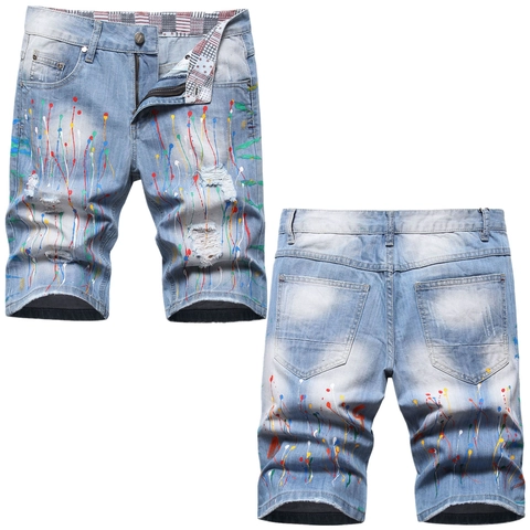 Herren Hip Hop Denim-Shorts Hellblau Mit Farbspritzern Zerrissene Baumwolle Jeans Streetwear Lässige Sommer Hosen