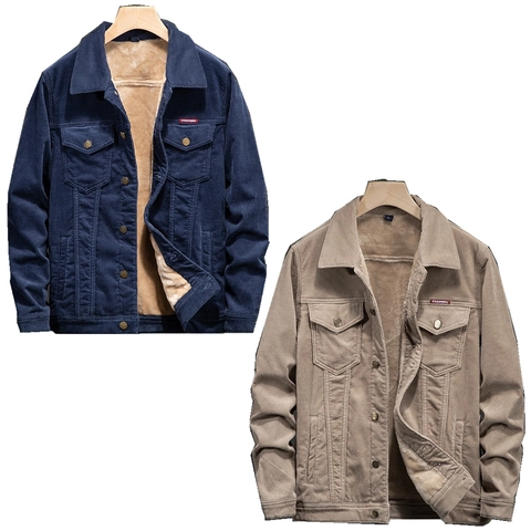Men Corduroy Jacket Fleece Lined Winter Warm Coat Turndown Collar Workwear Outerwear Slim Fit Casual Button Up Jacket For Men