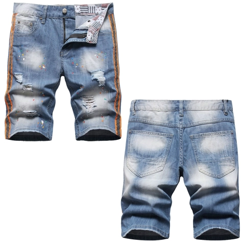 Men Denim Shorts Retro American Streetwear Light Blue Distressed Holes Paint Splatter Shorts With Webbing Side Tape For Summer Casual