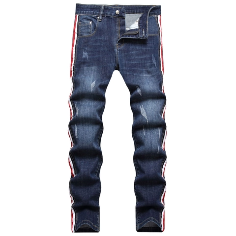 Herren Slim Fit Distressed Jeans Seiten Kontraststreifen Bestickt Denim Hose Blau Baumwolle Stretch Lässig Hose