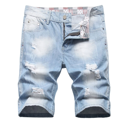 Men's Distressed Denim Shorts Light Blue Ripped Washed Cotton Jeans Shorts Vintage Streetwear Casual Straight Summer Shorts