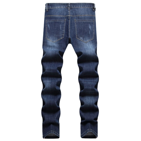 Herren Slim Fit Distressed Jeans Seiten Kontraststreifen Bestickt Denim Hose Blau Baumwolle Stretch Lässig Hose