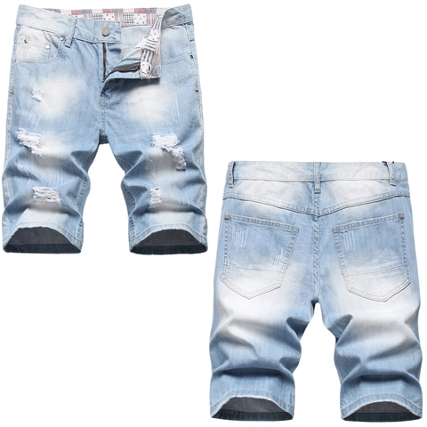 Men's Distressed Denim Shorts Light Blue Washed Cotton Blend Ripped Casual Summer Straight Leg Five Pocket Shorts For Men