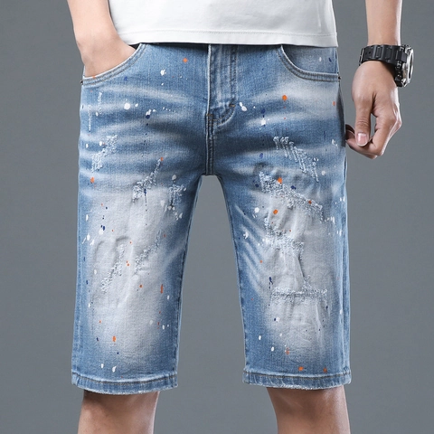 Pantalones Cortos de Mezclilla Azul Claro para Hombre Salpicaduras de Tinta Roto Desgastado Corte Recto Verano Casual