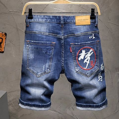Men's Distressed Denim Shorts Washed Embroidered Chinese Character Blue Stretch Casual Straight Five-point Jean Shorts