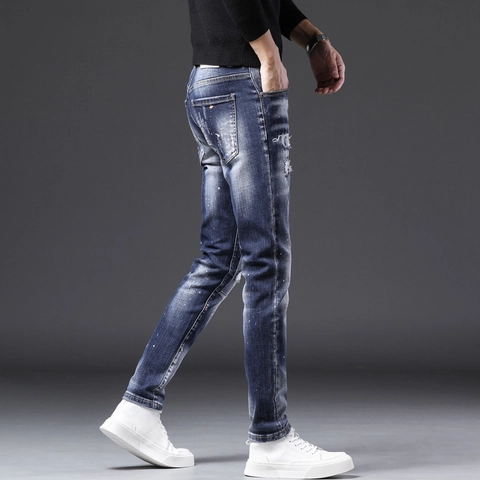 Herren Hip Hop Zerrissene Patchwork Jeans Street Fashion Farbspritzer Denim Hose Slim Fit Distressed Gerade Leg Trousers