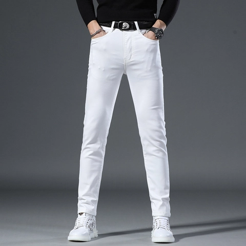 Witte Slim Fit Jeans Voor Heren Katoen Stretch Denim Bedrukt Tapered Broek Casual Streetwear Broek Basic