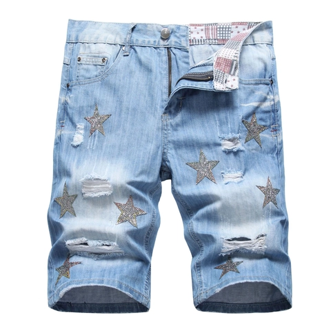 Men's Distressed Denim Shorts Light Blue Ripped Star Embroidery Rhinestone Summer Casual Five-point Jeans Streetwear Slim Fit Cotton Denim Shorts