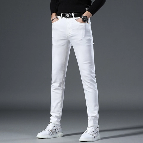 Witte Slim Fit Jeans Voor Heren Katoen Stretch Denim Bedrukt Tapered Broek Casual Streetwear Broek Basic