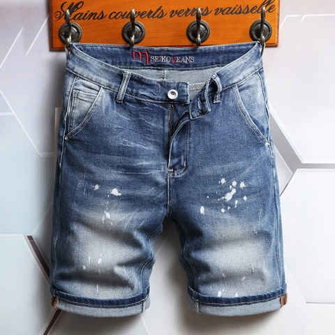 Γυναικείο Casual Slim Fit Ξεβαμμένο Μπλε Τζιν Σορτς Με Σχέδιο Patchwork Πιτσιλιές Μπογιάς Καλοκαίρι Μέση Μέση Ελαστικό Τζιν Παντελόνι