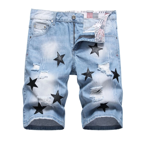 Men Light Blue Denim Shorts Distressed Ripped Star Patches Frayed Hem Streetwear Five Point Shorts For Men Casual Fashion