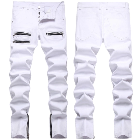 Vaqueros Ajustados Elásticos Blancos para Hombre con Decoración de Múltiples Cremalleras Estilo Biker Callejero Pantalones de Denim