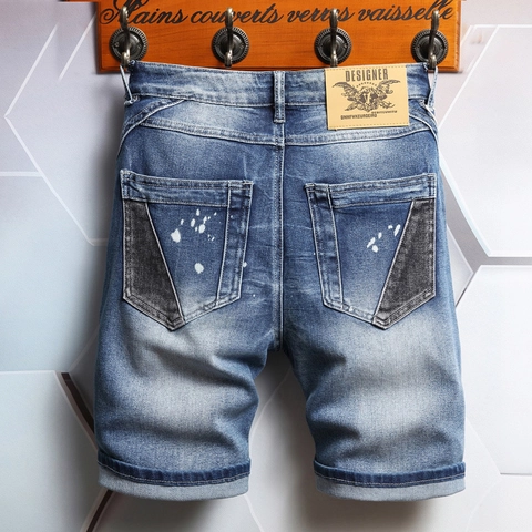 Γυναικείο Casual Slim Fit Ξεβαμμένο Μπλε Τζιν Σορτς Με Σχέδιο Patchwork Πιτσιλιές Μπογιάς Καλοκαίρι Μέση Μέση Ελαστικό Τζιν Παντελόνι