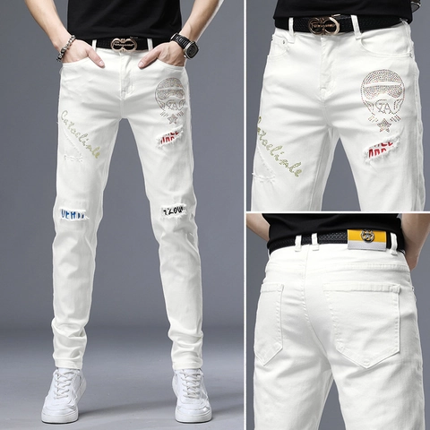 Herren Weiße Zerrissene Jeans Slim Fit Distressed Denim Hose Mit Totenkopf Strass Stickerei Streetwear Lässige Hosen