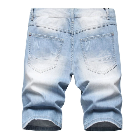 Men's Distressed Denim Shorts Light Blue Ripped Washed Cotton Jeans Shorts Vintage Streetwear Casual Straight Summer Shorts