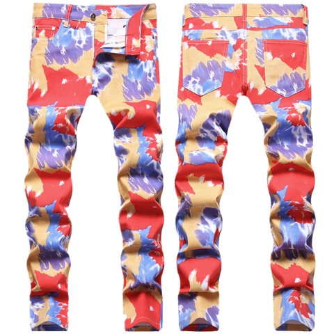 Men Slim Fit Jeans Colorful Tie Dye Printed Stretch Denim Streetwear Casual Pencil Pants Hip Hop Fashion Trousers For Men
