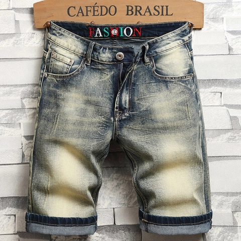 Men's Vintage Washed Denim Shorts Slim Fit Distressed Mid Waist Cotton Blend Casual Retro Style Five Point Shorts