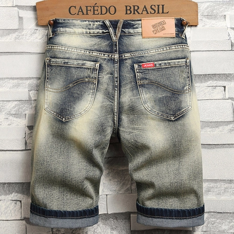 Men's Vintage Washed Denim Shorts Slim Fit Distressed Mid Waist Cotton Blend Casual Retro Style Five Point Shorts