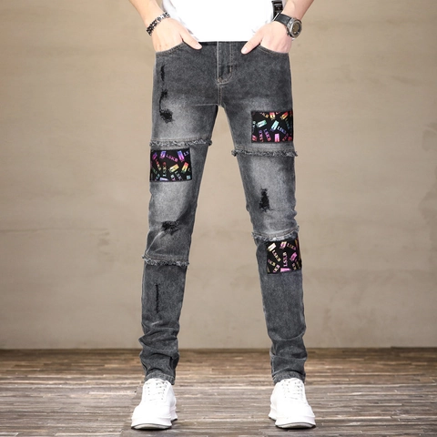 Ανδρικά Streetwear Τζιν Σκισμένα Denim Πλυμένο Slim Fit Παντελόνι Με Πολύχρωμο Patchwork Εκτύπωση Γραμμάτων Μόδα