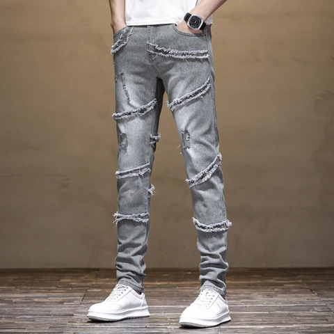 Ανδρικό Slim Fit Γκρι Τζιν Biker Φθαρμένο Πλυμένο Βαμβακερό Patchwork Denim Παντελόνι Streetwear Casual Ανδρικό Παντελόνι