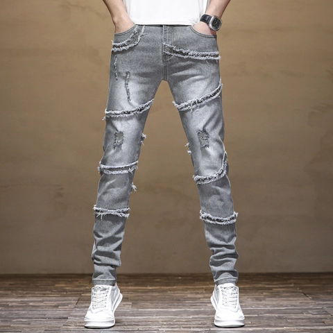 Ανδρικό Slim Fit Γκρι Τζιν Biker Φθαρμένο Πλυμένο Βαμβακερό Patchwork Denim Παντελόνι Streetwear Casual Ανδρικό Παντελόνι