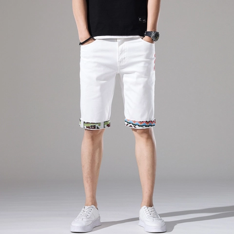 Short en Jean Blanc pour Homme en Coton avec Broderie et Imprimé Ethnique Été Décontracté Coupe Droite Longueur Genou
